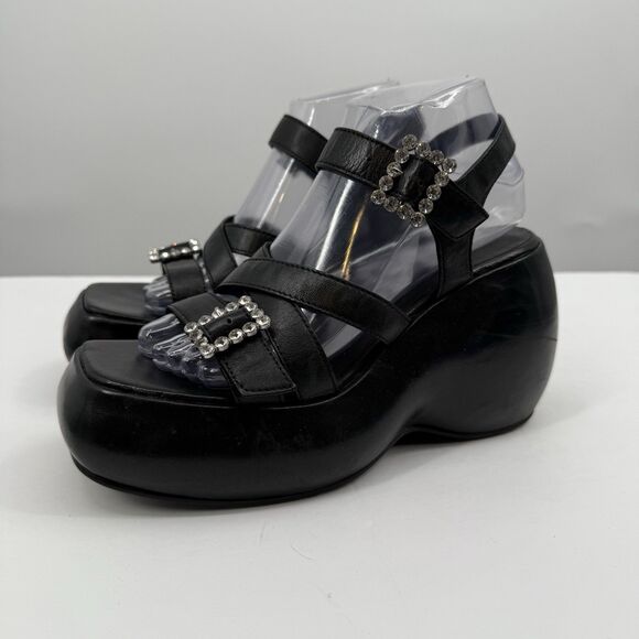 Free People Brooklyn US 7.5 Shoes Black Leather Ankle Strap Platform Sandals - Picture 9 of 16